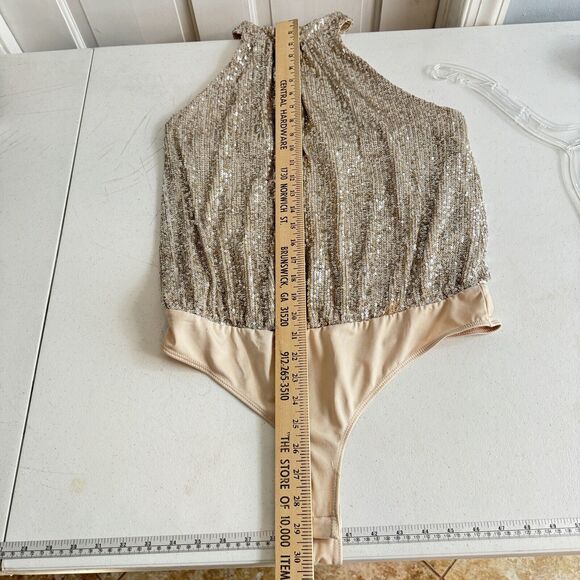 Rachel Zoe Allover Sequin Halter Bodysuit Size L Gold Beige Silver Party Glam - Picture 9 of 11